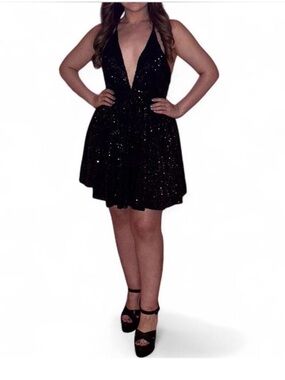 Luxxel Black Sequin Plunge Halter Mini Dress